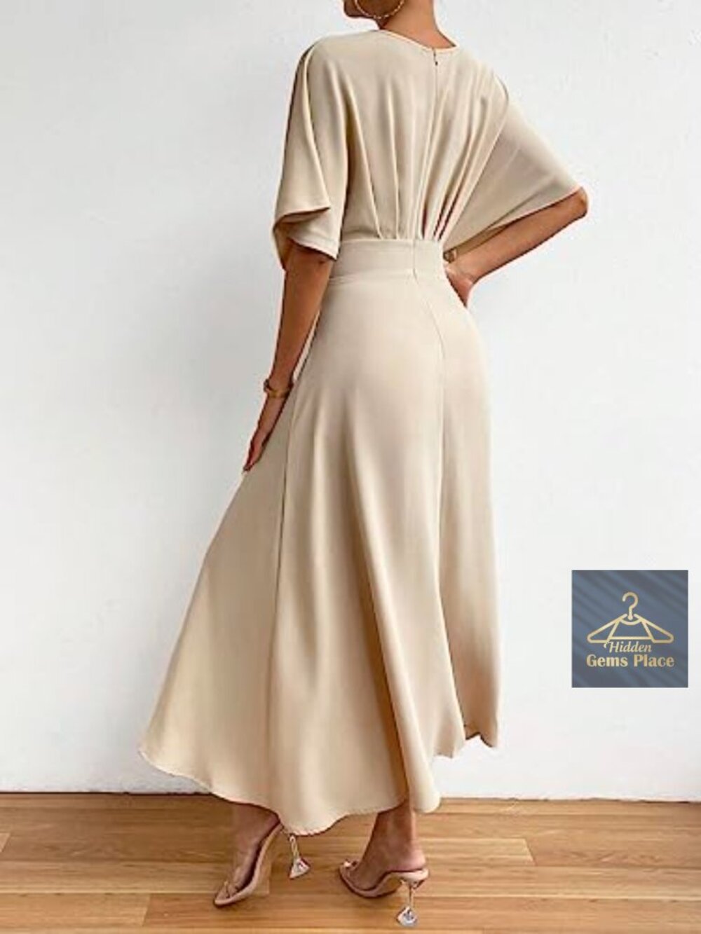 V-Neck Ruched Cocktail Dress with Batwing Sleeves, A-Line Long Formal - Picture 2 of 5
